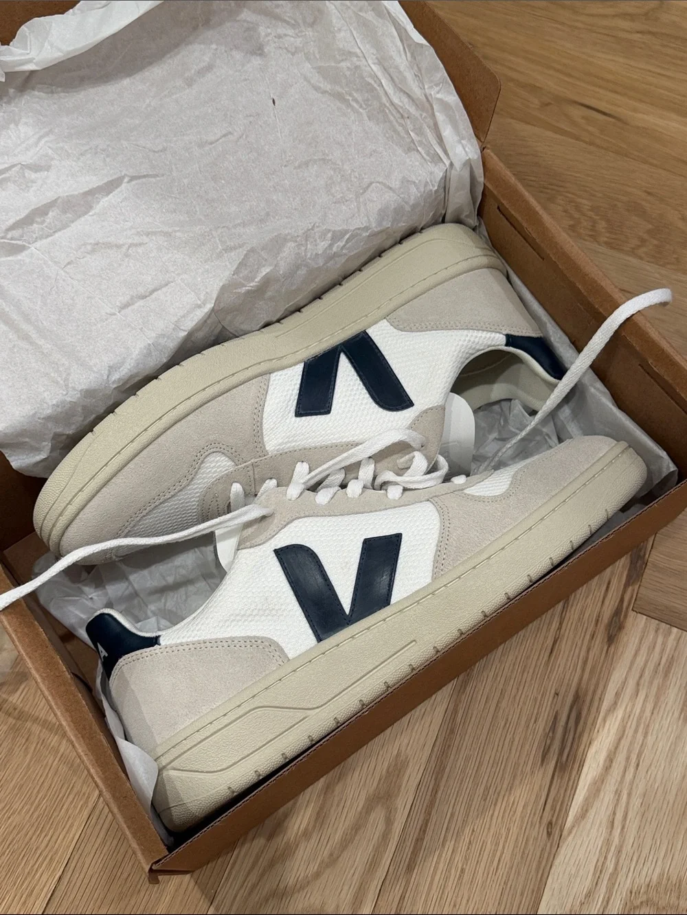 Veja Men's White and Beige Sneakers with Navy V Logo